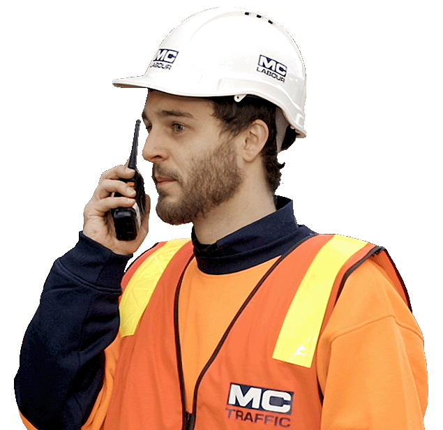 MC Traffic worker using a two way radio